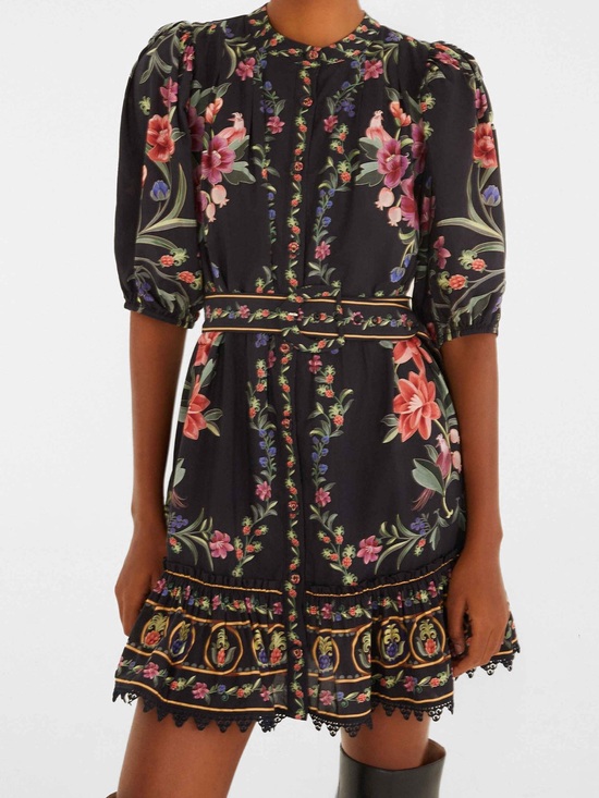 FARM Rio Dresses & Skirts - FARM Rio Black Floral Belted Mini Dress with Pink & Green Accents